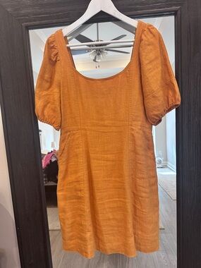 Madewell 100%Linen Maisie ochre scoop-neck mini dress w/ pockets